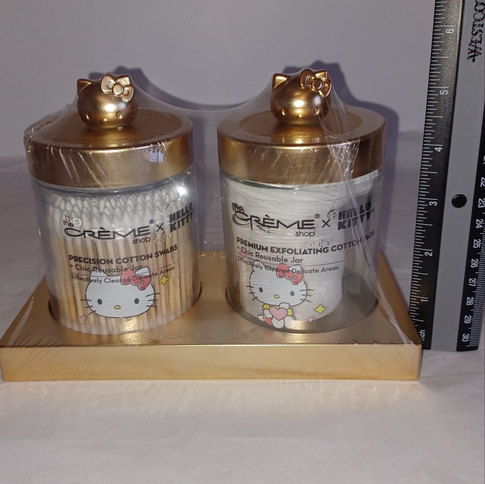 Last Set! Hello Kitty Glass Jar Vanity Set w/Cotton Swabs & Pads, Gold - Picture 2 of 6